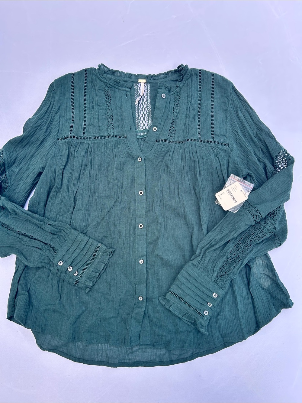 Free People Dark Teal Button-Front Lace Trim Blouse